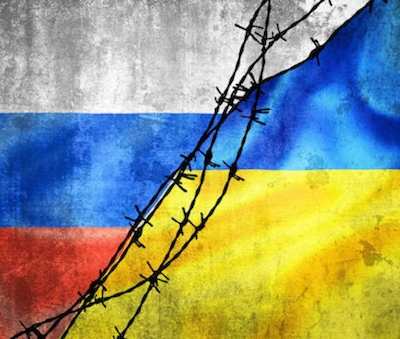 An image of the Russian and Ukrainian flags, separated by a dividing line that looks like a chain link fence