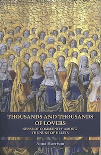 A book cover with a painting of many females with gold halos around their heads, and the title 