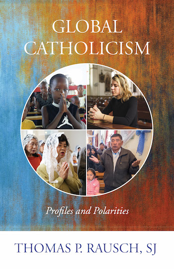 A book cover with a painted background transitioning from blue to red, a circle with four pictures of people from around the world, and the title 