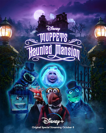 The poster for Muppets Haunted Mansion, showing various Muppets characters in Halloween costumes standing in front of a purple backlit mansion
