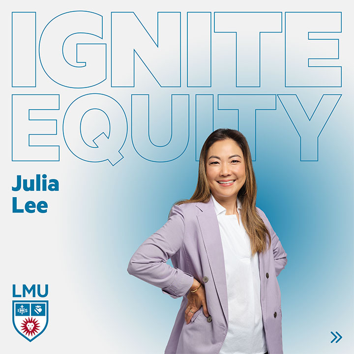Julia Lee standing under text saying Unite Equity