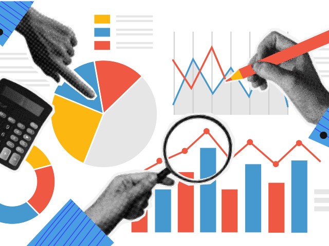 Data Illustrations in red, blue, and yellow