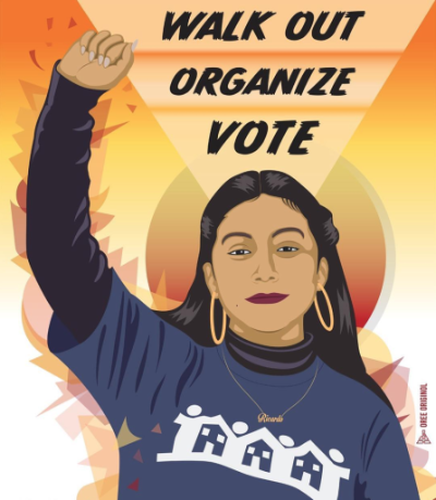 woman advocating for walking out, organizing and voting