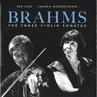 A square album cover showing two musicians in black and white below the title 'Brahms: The three Violin Sonatas'