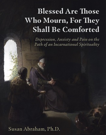 The cover of Theresia de Vroom's book, showing two men in robes sitting in a dark room by a stone window