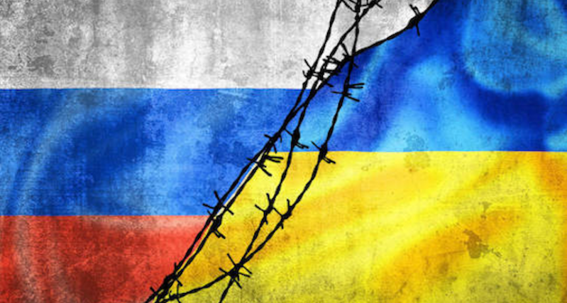 The Russian and Ukrainian flags are separated by a diagonal lag that looks like barbed wire