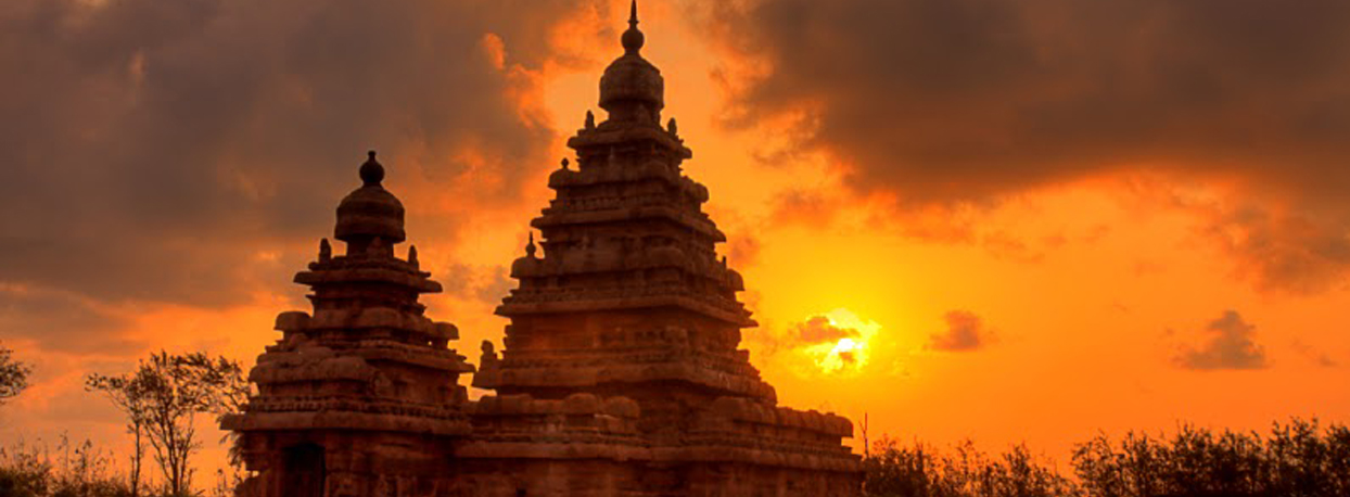 Sunrise over the monuments at Mahabalipuram, India