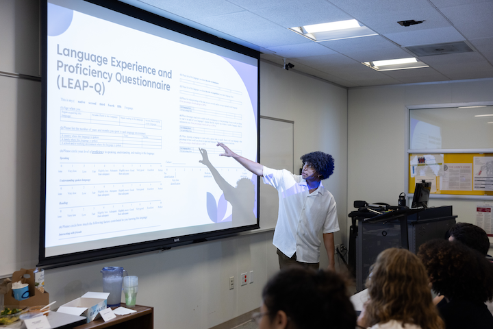 A student presenting research